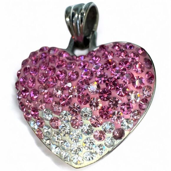 Sparkling Ombre Heart Pendant – Stainless Steel with Pink & Clear Crystals - Picture 14 of 17